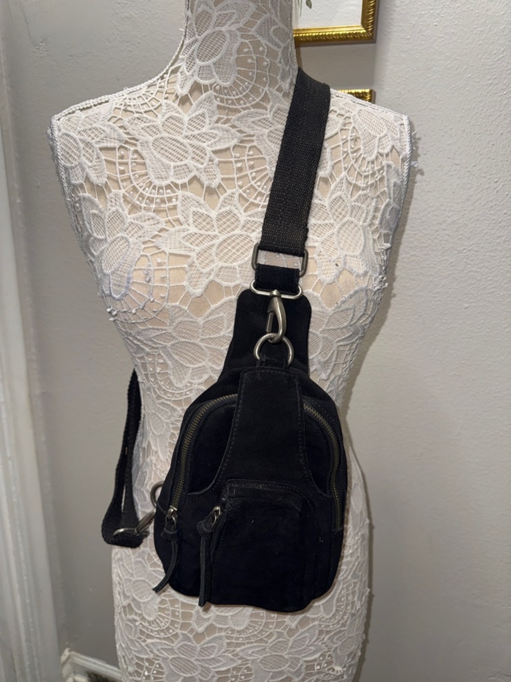 Free People Black Suede Crossbody Sling with Silver Hardware